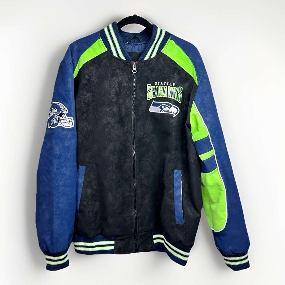 Seattle Seahawks Jacket Mens Large Faux Suede Leather Embroidered Bomber